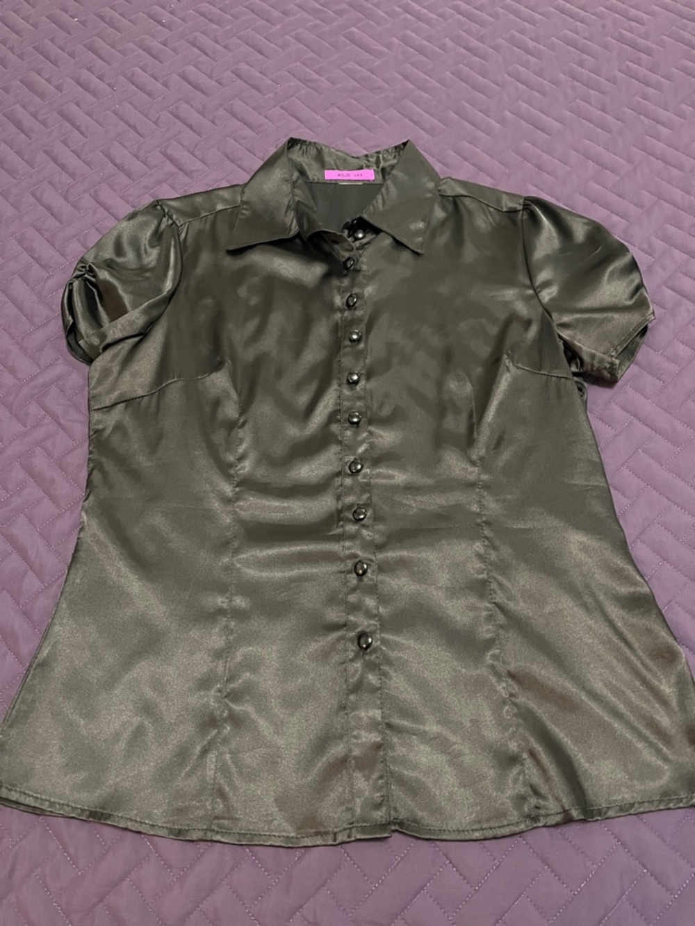 Satin Short-Sleeve Button-Up Top in Black